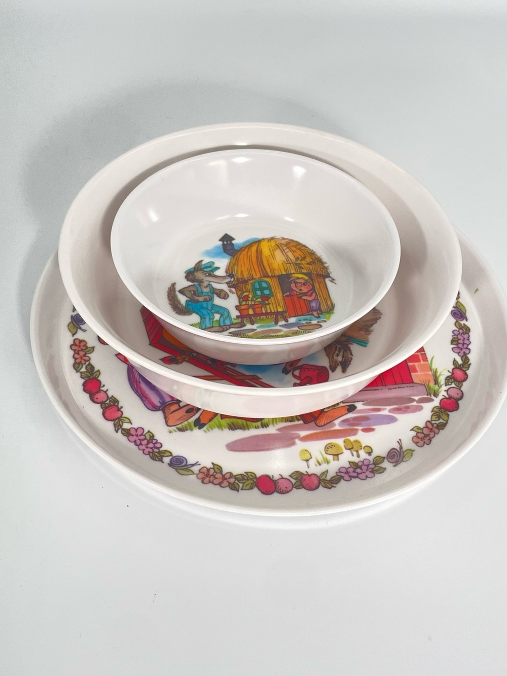 Vintage Oneida Deluxe 3 Pc Melamine Three Little Pigs Child Dinner Set Story